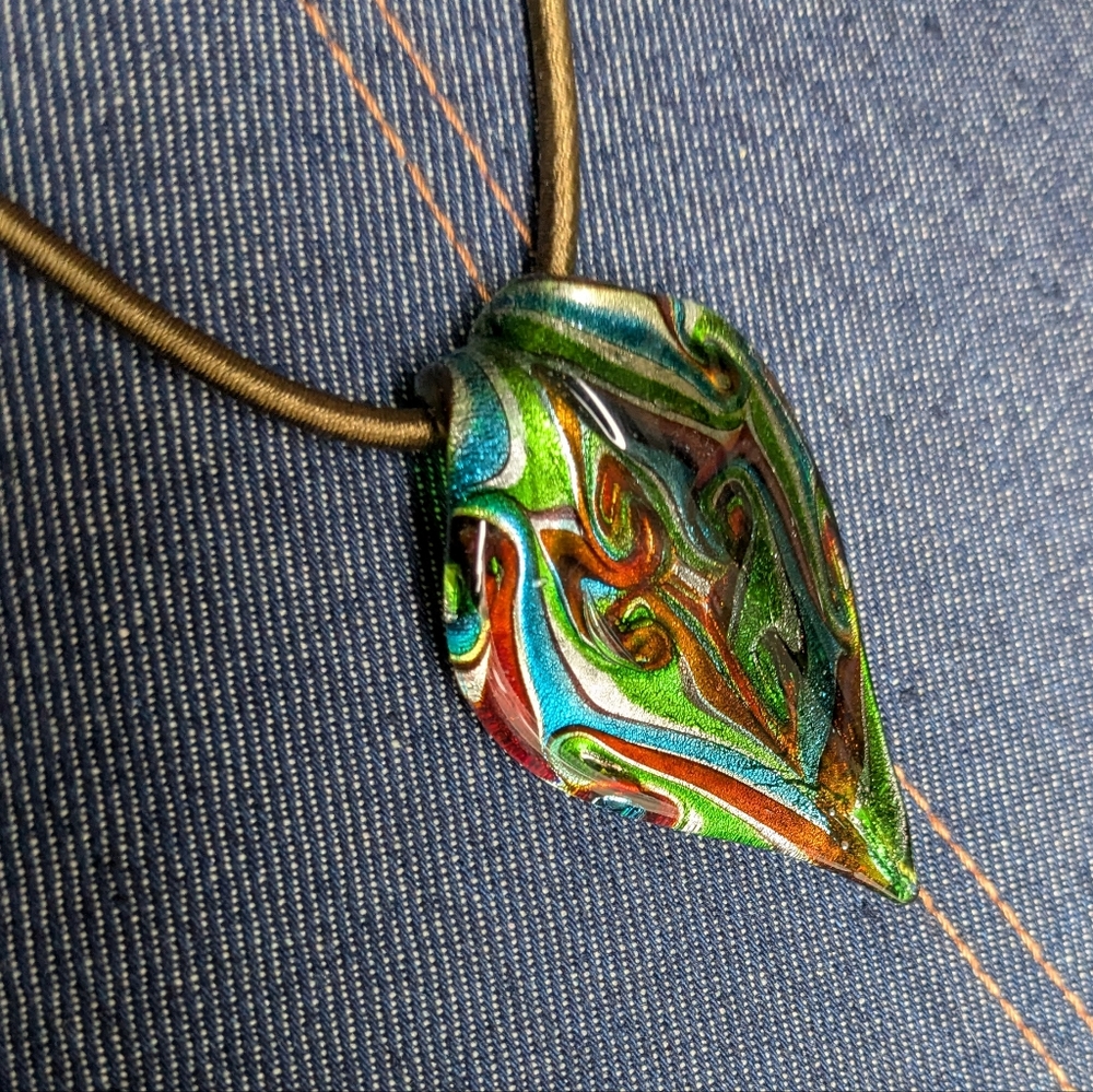 Art Glass Pendant Leaf Shape Green Silver Brown Satin Chain EUC Vintage